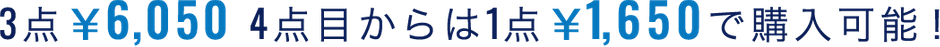 3点¥6,050 4点目からは1点¥1,650で購入可能！