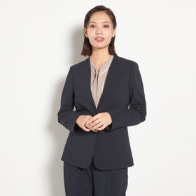 【Diana】【春夏】ノーカラージャケット/ネイビー×しわ加工麻調合繊/ウォッシャブル＆ストレッチ