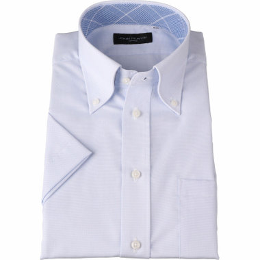 【半袖】【JOHN PEARSE Black】【形態安定】ボタンダウンドレスワイシャツ/ブルー×ドビー/襟裏別布