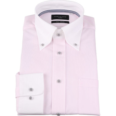 【WEB限定/OUTLET/汚れ・キズ等有】【JOHN PEARSE Black】【ノーアイロン】クレリックボタンダウンドレスワイシャツ/襟袖：ホワイト+ピンク×ドビーストライプ/釦・釦付糸：グレー/ULTRA MOVE/ニット素材