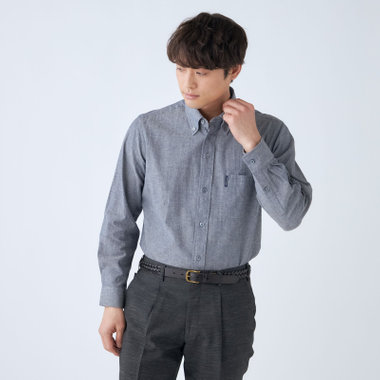 【stanley blacker new york】【長袖】リネンブレンドボタンダウンシャツ/ネイビーグレー