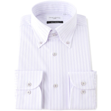 【JOHN PEARSE White】【ノーアイロン】ボタンダウンドレスワイシャツ/ホワイト＆パープル×ストライプ/釦付糸：パープル/ULTRA MOVE/ニット素材