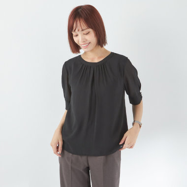 【NATURAL BEAUTY】パフスリーブ襟元ギャザーブラウス/ブラック