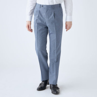 【JOHN PEARSE White】【春夏】ウールブレンド 1タックパンツ/サックス＆ネイビー×ハウンドトゥース/ウエストムーブ仕様/※裾上げ必要