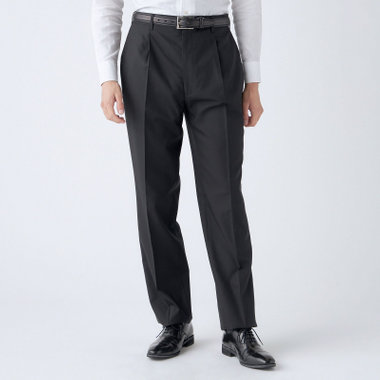 【L.O.X】【大きいサイズ】【秋冬】ウールブレンド 1タックパンツスラックス/ブラック×シャドーストライプ/ウエストアジャスター仕様/※裾上げ必要