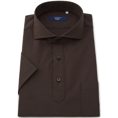 【半袖】【JOHN PEARSE comfort navy】ホリゾンタルワイドビズポロシャツ プルオーバータイプ/ブラウン×シアサッカー