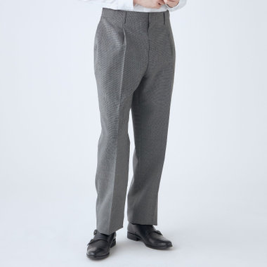 【L.O.X】【大きいサイズ】【春夏】ウールブレンド 1タックパンツスラックス/グレー＆ブラック×ハウンドトゥース/ウエストアジャスター仕様/※裾上げ必要