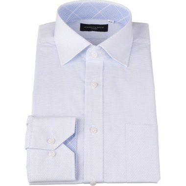 【WEB限定/OUTLET/汚れ・キズ等有】【JOHN PEARSE Black】【形態安定】ワイドカラードレスワイシャツ/サックス×ドビーツイル/襟袖裏別布：ブルー×チェック