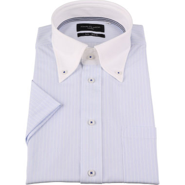 【WEB限定/OUTLET/汚れ・キズ等有】【半袖】【JOHN PEARSE Black】【ノーアイロン】クレリックボタンダウンドレスワイシャツ/襟：ホワイト+ブルー×ホワイトストライプ/釦付糸：ネイビー/ULTRA MOVE/ニット素材