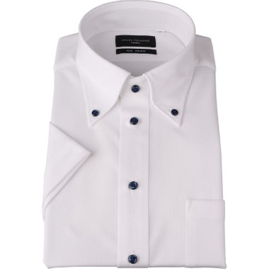 【WEB限定/OUTLET/汚れ・キズ等有】【半袖】【JOHN PEARSE Black】【ノーアイロン】ボタンダウンドレスワイシャツ/ホワイト×ドビー/釦付糸：ネイビー/ULTRA MOVE/ニット素材