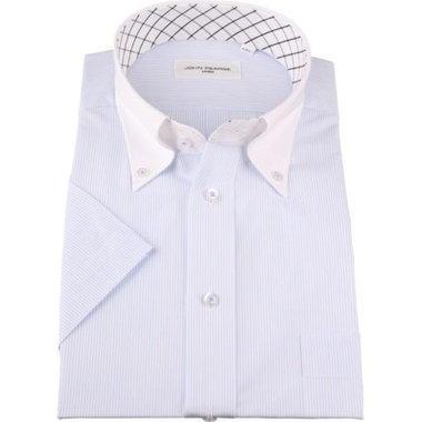 【半袖】【JOHN PEARSE White】【形態安定】クレリックボタンダウンドレスシャツ/襟：ホワイト+ホワイト×サックスストライプ/釦付糸：サックス/Oil guard