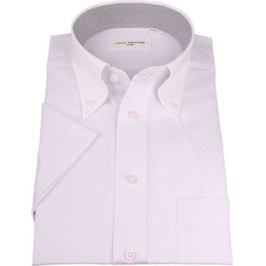 【半袖】【JOHN PEARSE White】【形態安定】クレリックボタンダウンドレスシャツ/襟：ホワイト+パープル×ドビーチェック/襟裏別布/Oil guard