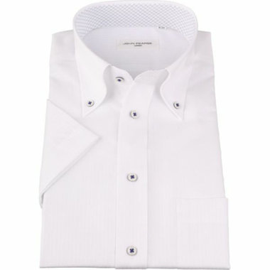 【半袖】【JOHN PEARSE White】【形態安定】ボタンダウンドレスシャツ/ホワイト×ドビーストライプ/襟袖裏別布：チェック/釦付糸：ネイビー/Oil guard