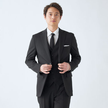 【JOHN PEARSE comfort】【年間】7WAY コーディネイトパンツ付き/2釦シングルスリーピーススーツ ショートタック/ブラック×ツイル+グレーパンツ/ULTRA MOVE/ウエストシャーリング/ウォッシャブル/ストレッチ/※裾上げ必要