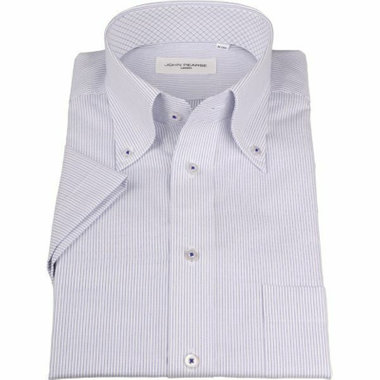 【半袖】【JOHN PEARSE White】【形態安定】ボタンダウンドレスシャツ/ホワイト×ブルーストライプ/襟裏別布/釦付糸：ブルー/Oil guard