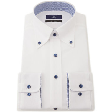 【JOHN PEARSE comfort navy】ボタンダウンカラーワイシャツ/ホワイト/襟裏別布：ストライプ/釦：ネイビー/ULTRA MOVE「ニット素材」「ノーアイロン」「ストレッチ」「高通気性」