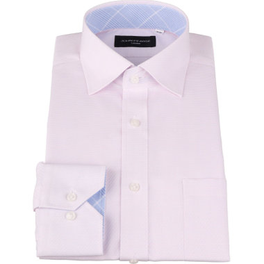 【WEB限定/OUTLET/汚れ・キズ等有】【JOHN PEARSE Black】【形態安定】ワイドカラードレスワイシャツ/ピンク×ドビーツイル/襟袖裏別布：ブルー×チェック