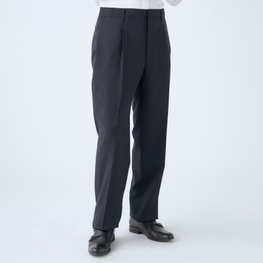 【L.O.X】【大きいサイズ】【春夏】ウールブレンド 1タックパンツスラックス/ネイビー×シャドーチェック/ウエストアジャスター仕様/※裾上げ必要