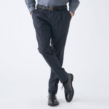 【stanley blacker new york】【春夏】1タックテーパードパンツ/ネイビー×テックコットンストレッチ/ウエストシャーリング仕様/※裾上げ必要