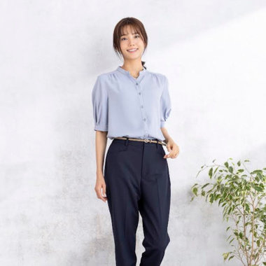 【WEB限定/OUTLET/汚れ・キズ等有】【NATURAL BEAUTY】バンドカラーブラウス/ブルー