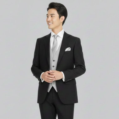 【JOHN PEARSE comfort】【スリムシルエット】2釦シングルスリーピースフォーマルスーツ 1タック/ブラック/ウエストシャーリング
