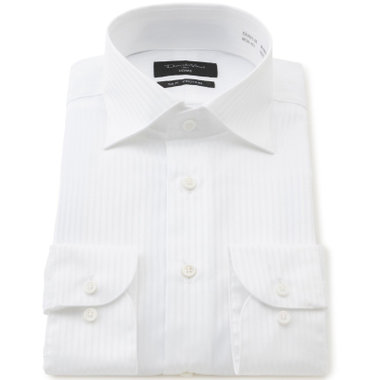【Donato Vinci Italy Uomo】【STYLISH】【形態安定】【綿100％】ワイドカラードレスワイシャツ/ホワイト×ドビーストライプ/SILK PROTEIN