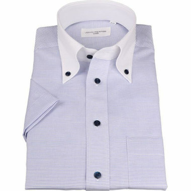 【半袖】【JOHN PEARSE White】【形態安定】クレリックボタンダウンドレスシャツ/襟：ホワイト+ホワイト×ネイビー刺子柄/釦・釦付糸：ネイビー/Oil guard