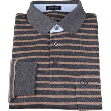 【stanley blacker new york】【長袖】胸刺繍ポロシャツ/グレー×ブラウンボーダー