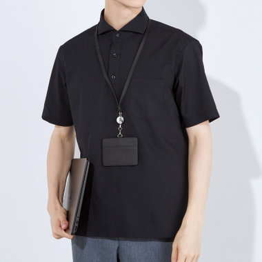 【半袖】【JOHN PEARSE comfort navy】ホリゾンタルワイドビズポロシャツ プルオーバータイプ/ブラック×シアサッカー