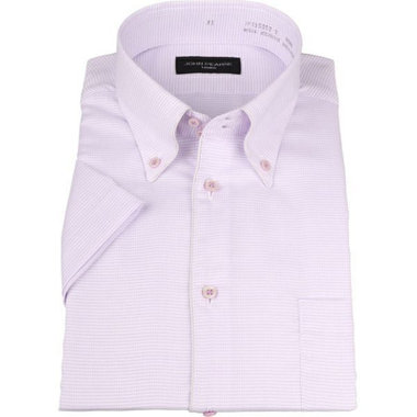 【半袖】【JOHN PEARSE Black】【形態安定】ボタンダウンドレスワイシャツ/ホワイト×パープル刺子柄/グレーパイピング仕様/吸水速乾/消臭加工