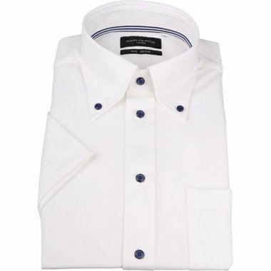 【半袖】【JOHN PEARSE Black】【ノーアイロン】ボタンダウンドレスワイシャツ/ホワイト×ドビーストライプ/釦・釦付糸：ネイビー/ULTRA MOVE/ニット素材