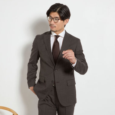 【JOHN PEARSE comfort】【春夏】2釦シングルスーツ ショートタック/ブラウン×チェック/REAL BROWN/NEW ZEALAND WOOL/SustainaBee Wool/※裾上げ必要