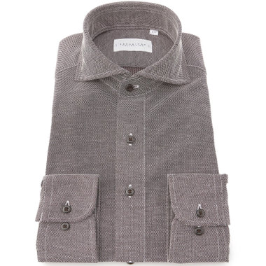 【KANSAIMAN collection】ホリゾンタルワイドカラーワイシャツ/ブラウン×ハニカムメッシュ/ULTRA MOVE「ニット素材」「ノーアイロン」「ストレッチ」「高通気性」