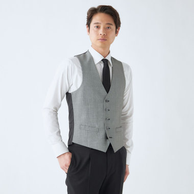 【年間】リバーシブルジレ(ベスト)/グレー×バーズアイ＆ブラック×ソリッド