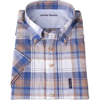 【stanley blacker】【半袖】リネンコットンボタンダウンシャツ/ブルー＆ベージュ×チェック