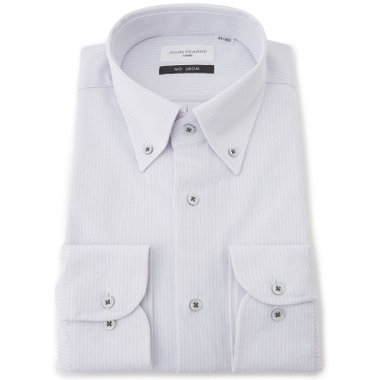 【JOHN PEARSE White】【ノーアイロン】ボタンダウンドレスワイシャツ/グレー×ドビーストライプ/ULTRA MOVE/ニット素材