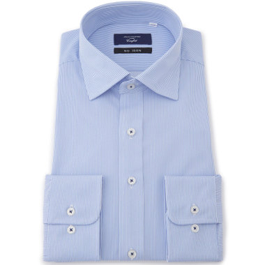 【JOHN PEARSE comfort navy】ワイドカラーワイシャツ/ブルー×ストライプ/ULTRA MOVE「ニット素材」「ノーアイロン」「ストレッチ」「高通気性」