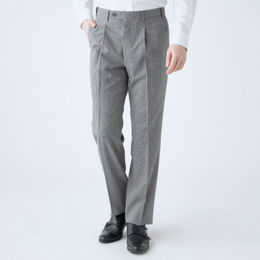 【JOHN PEARSE White】【春夏】ウールブレンド 1タックパンツ/グレー＆ブラック×ハウンドトゥース/ウエストムーブ仕様/※裾上げ必要