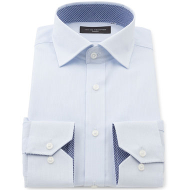 【JOHN PEARSE Black】【SLIM】【形態安定】ワイドカラードレスワイシャツ/サックス×ドビーストライプ/襟袖裏別布