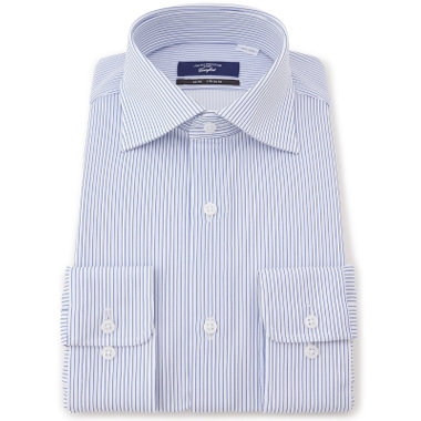 【発送在庫あり】【WEB限定】【JOHN PEARSE comfort navy】ワイドカラーワイシャツ/ホワイト×ネイビーストライプ/ULTRA MOVE「ニット素材」「ノーアイロン」「ストレッチ」「高通気性」