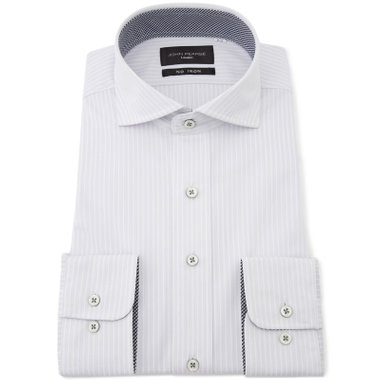 【WEB限定/OUTLET/汚れ・キズ等有】【JOHN PEARSE Black】【ノーアイロン】ホリゾンタルワイドドレスワイシャツ/グレー×ホワイトストライプ/襟裏別布：チェック/ULTRA MOVE「ニット素材」「ストレッチ」「高通気性」