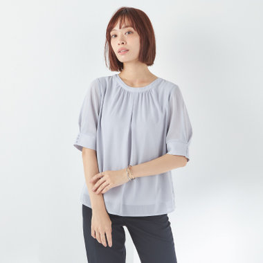  【NATURAL BEAUTY】パフスリーブ襟元ギャザーブラウス/グレー