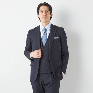 【JOHN PEARSE comfort】【通年】2釦シングルスリーピーススーツ ノータックパンツ ダブルベスト / ネイビー / パンツウォッシャブル ※裾上げ必要