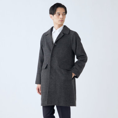 【KANSAIMAN collection】ウールブレンド シングルラグランバックベルトコート/グレー×チェック/RE:NEWOOL