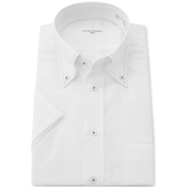 【半袖】【JOHN PEARSE White】【形態安定】ボタンダウンドレスシャツ/ホワイト×ドビーストライプ/襟ステッチ/釦付糸：グレー/ULTRA BREATH COOL