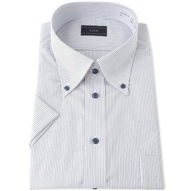 【半袖】【L.O.X】【形態安定】ボタンダウンドレスシャツ/ホワイト×ストライプ/釦.釦付糸：ネイビー