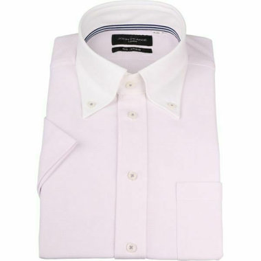 【WEB限定/OUTLET/汚れ・キズ等有】【半袖】【JOHN PEARSE Black】【ノーアイロン】クレリックボタンダウンドレスワイシャツ/襟：ホワイト+ピンク/釦付糸：グレー/ULTRA MOVE/ニット素材