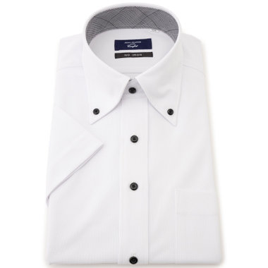 【半袖】【JOHN PEARSE comfort navy】ボタンダウンカラーワイシャツ/ホワイト/襟裏別布：チェック/釦：ブラック/ULTRA MOVE「ニット素材」「ノーアイロン」「ストレッチ」「高通気性」