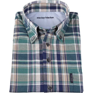【stanley blacker】【半袖】ボタンダウンシャツ/グリーン＆ブラウン＆ネイビー×チェック