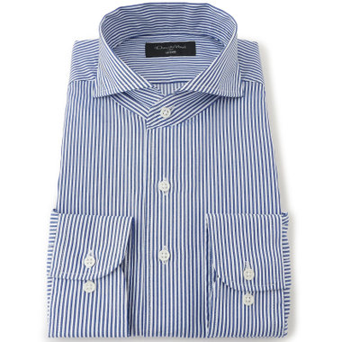 【Donato Vinci Italy Uomo】【STYLISH】【形態安定】【綿100％】ワンピースカラーカッタウェイワイシャツ/ホワイト×ネイビーストライプ